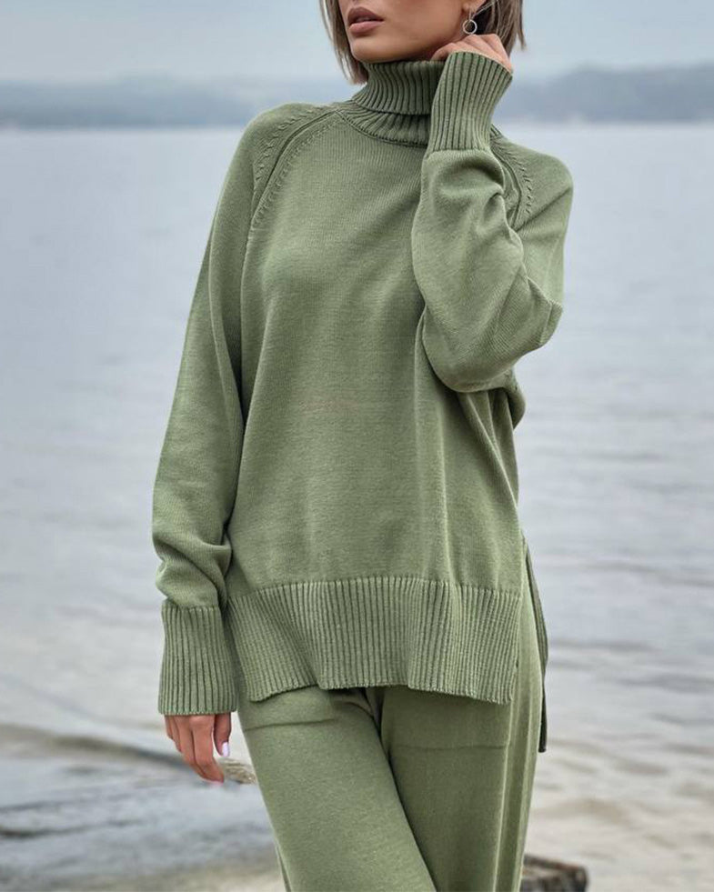 Solid color turtleneck knitted sweater and wide-leg trousers two-piece suit
