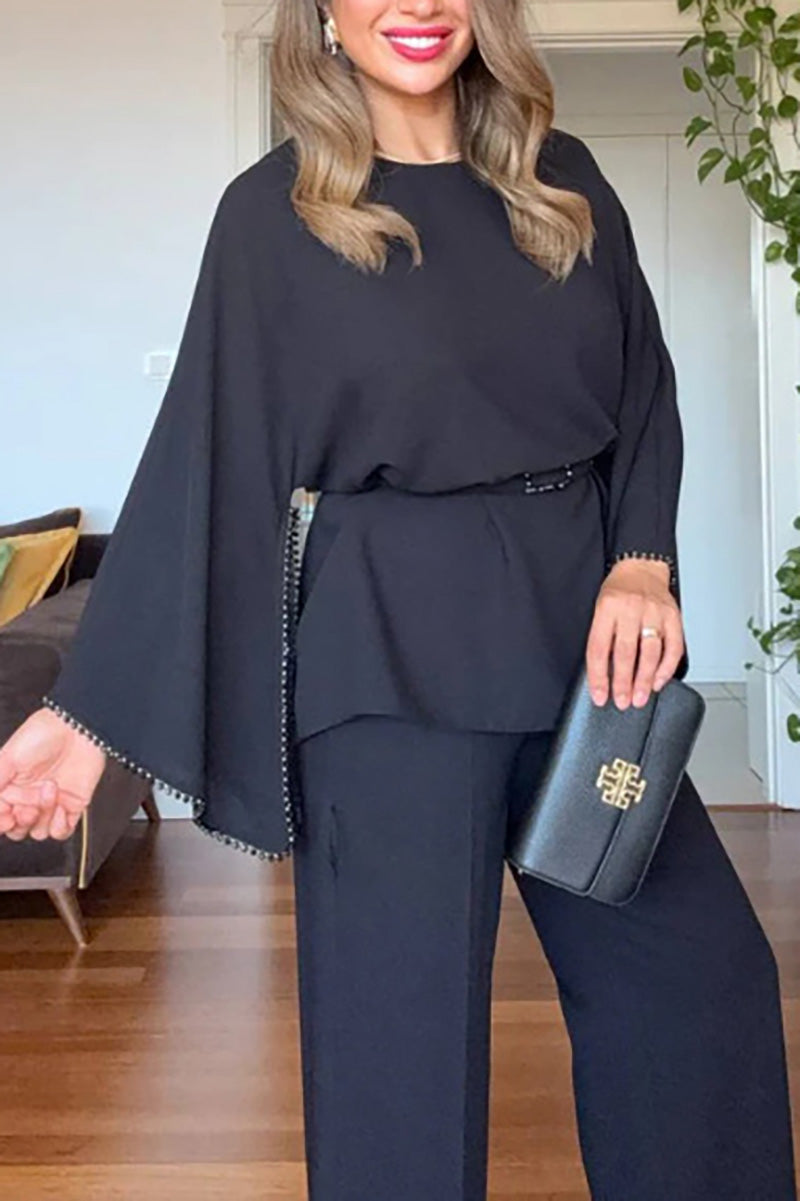 Rhinestone long-sleeved top and wide-leg pants set