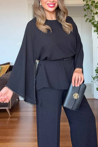 Rhinestone long-sleeved top and wide-leg pants set