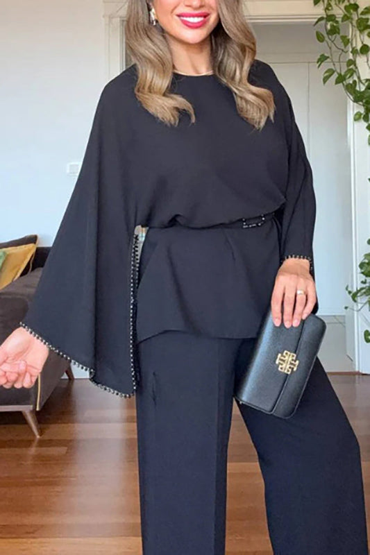 Rhinestone long-sleeved top and wide-leg pants set