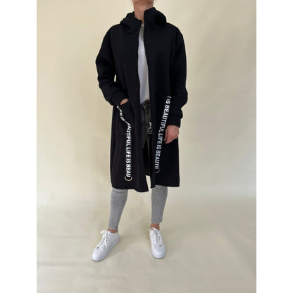 Chic pockets design High collar Long hooded sweatshirt jacket