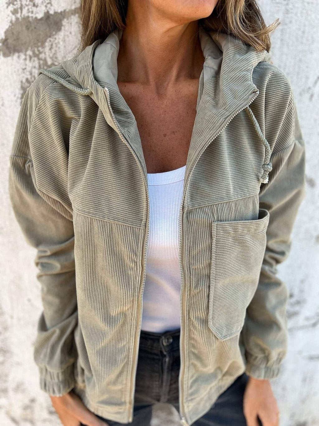 Solid Corduroy Hooded Zip-Up Jacket