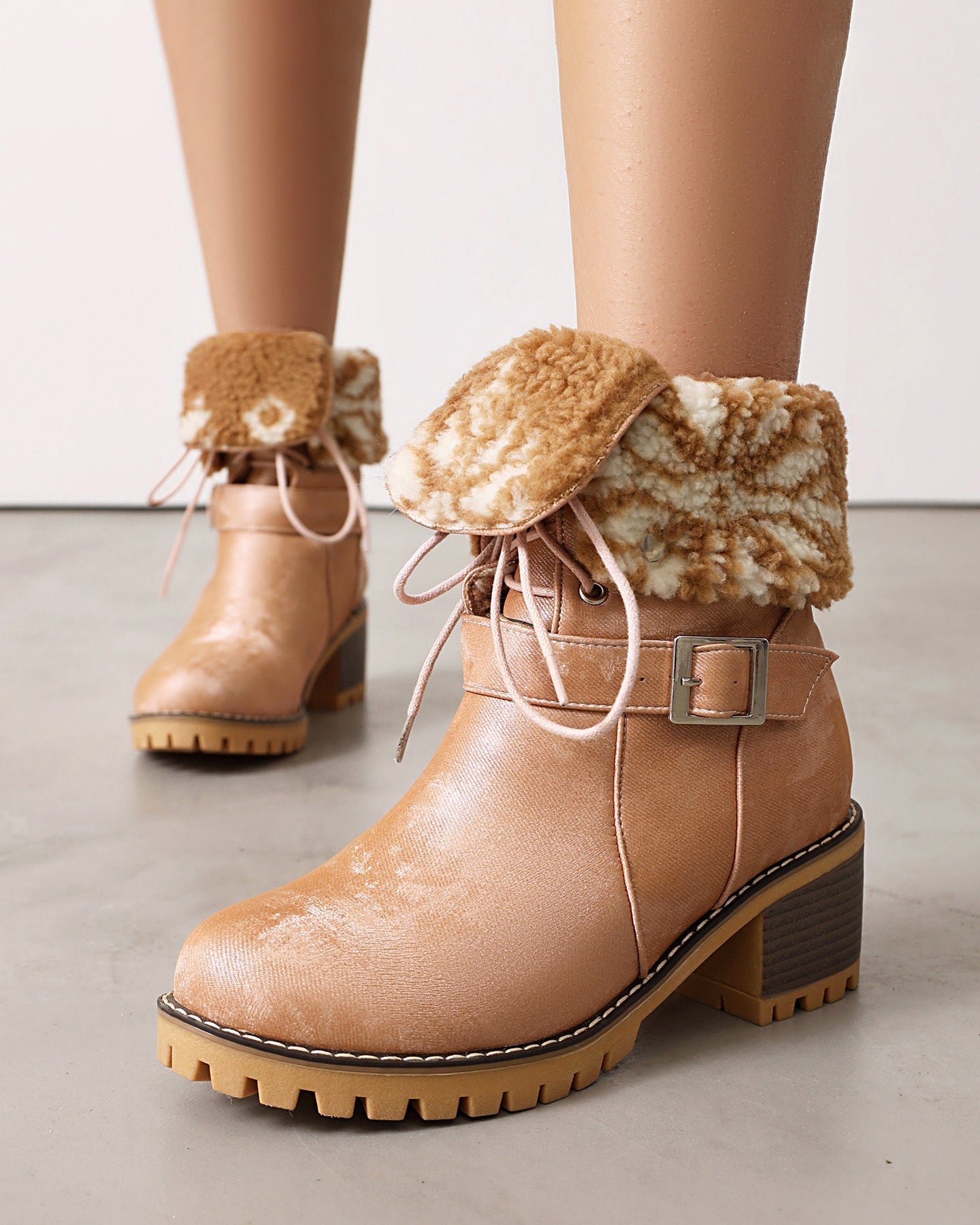 Two-way lace-up thick-heeled warm furry low boots