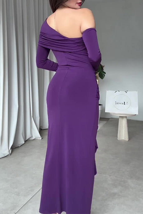 Long-sleeved slant collar lace exposed backpack hip slim dress