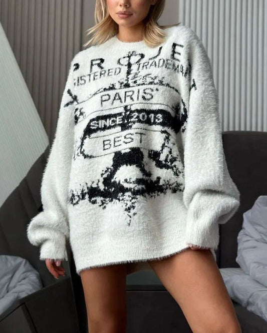 Cozy Round neck letter mid-length pullover sweater