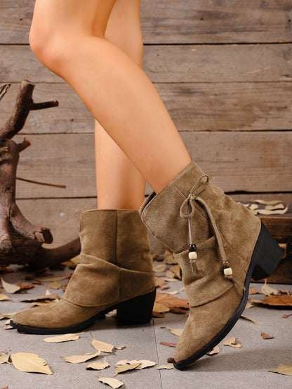 Side bow tie embellishment suede ankle boots