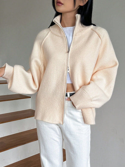 Cozy solid color stand collar zipper knitted cardigan top
