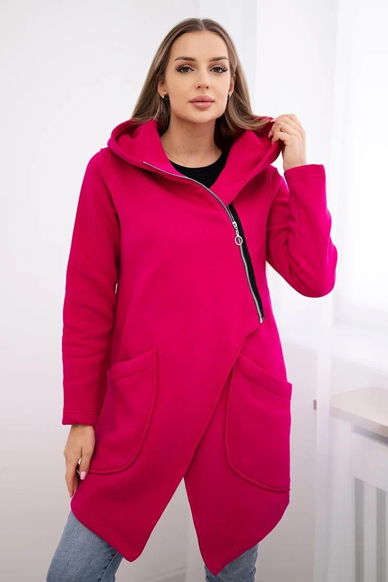 Asymmetric zip-up hooded mid-length fleece sweatshirt jacket