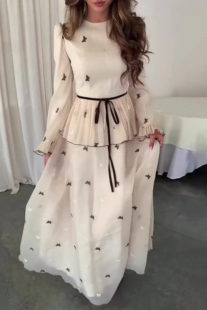 White long-sleeved chiffon butterfly embroidery dress