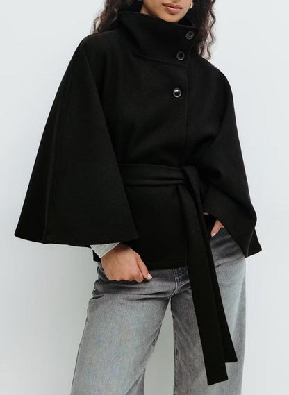 Solid color stand collar button belt cape trench coat