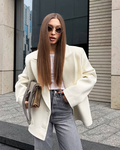 Vermont Village Double-breasted beige woolen suit jacket