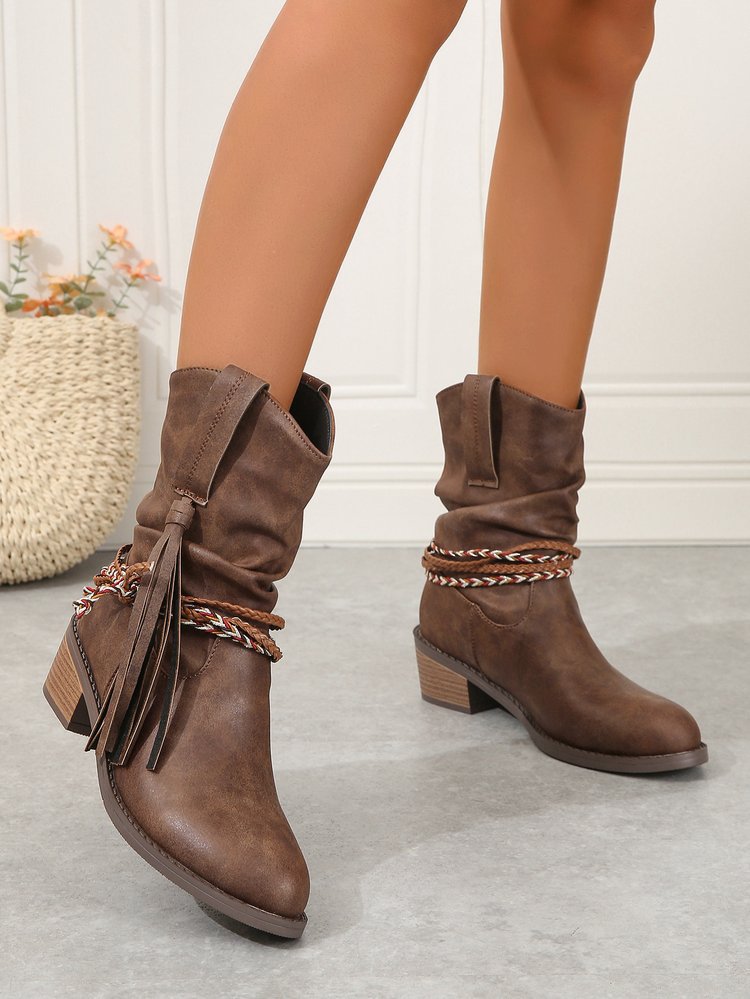 Braided straps tassel mid-calf boots