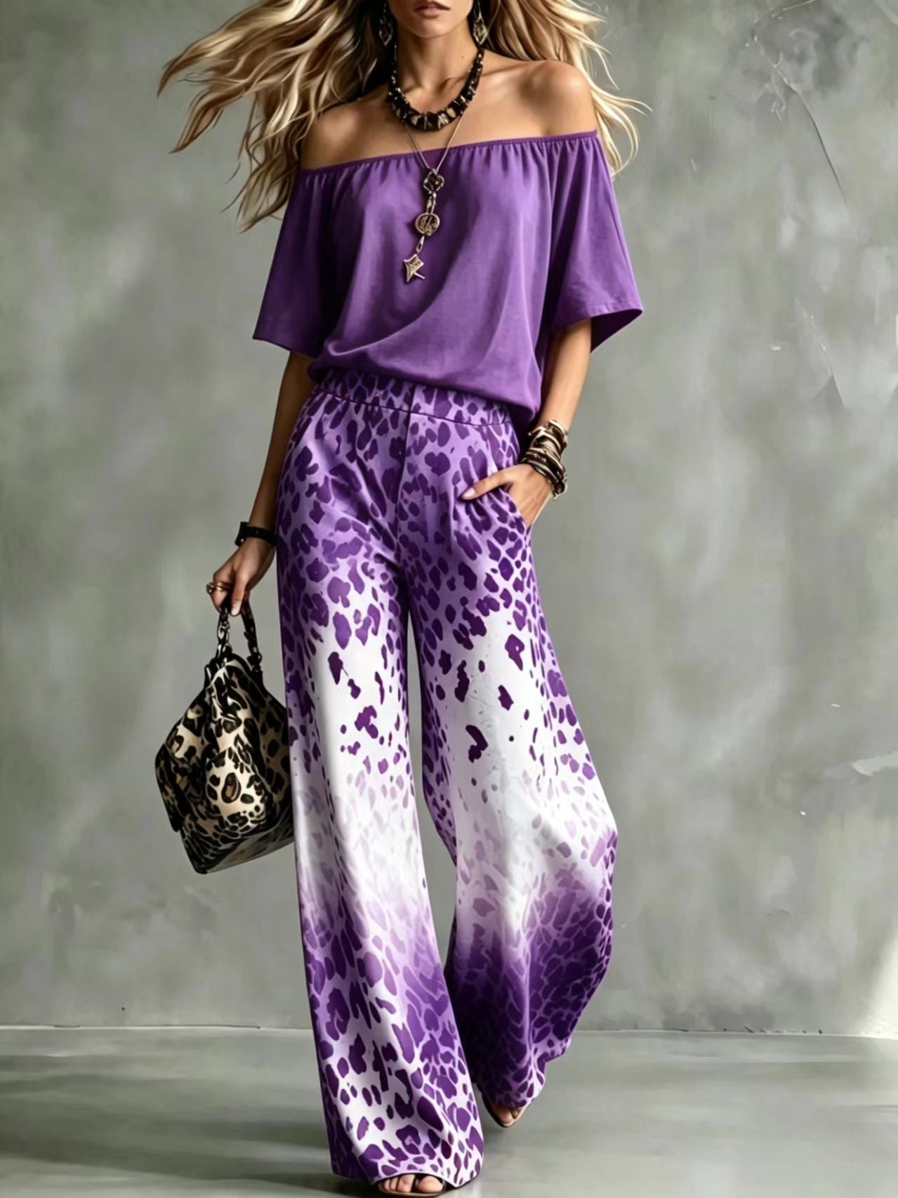 Set aus einem Top mit U-Ausschnitt und schulterfreiem Schnitt sowie einer weiten Hose mit Leopardenmuster und Ombré-Effekt