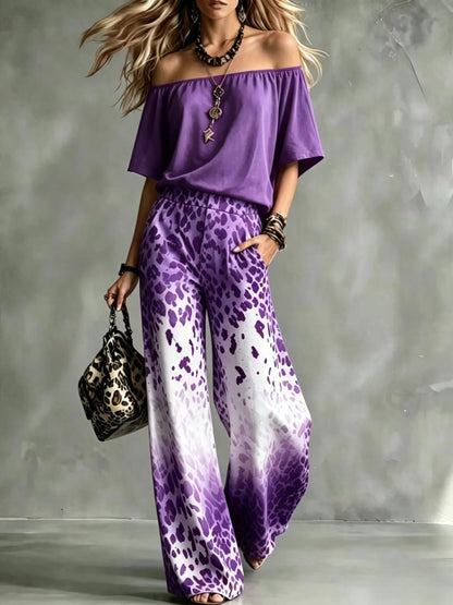 Set aus einem Top mit U-Ausschnitt und schulterfreiem Schnitt sowie einer weiten Hose mit Leopardenmuster und Ombré-Effekt