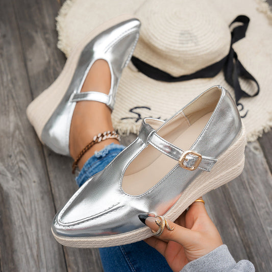 Metallic upper round toe T-strap wedge shoes