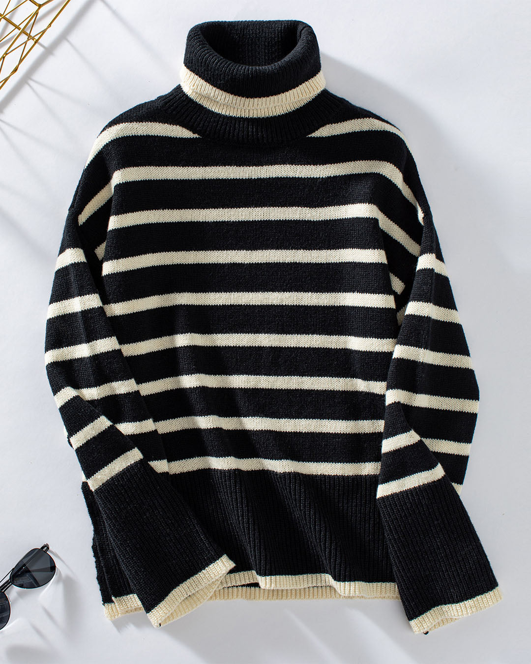 Loose Fitted Turtleneck Striped Knit Sweater