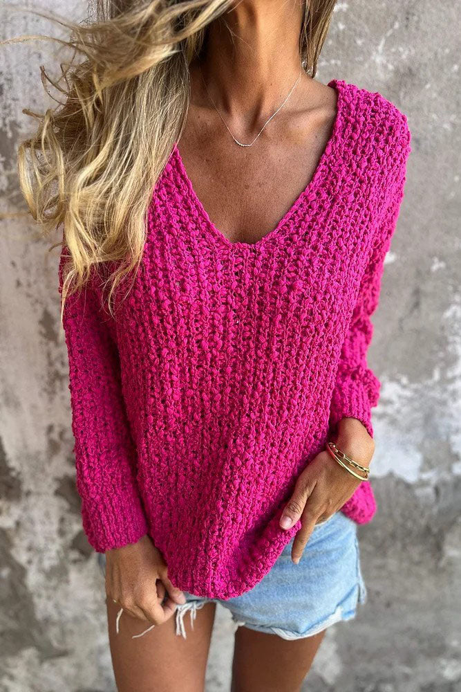 Chunky knitted V-neck cozy long-sleeved sweater