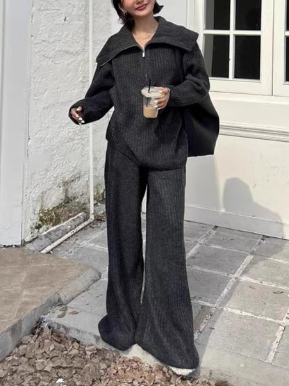 Loose-fitting large lapel half-zip knit sweater and wide-leg pants two-piece suit