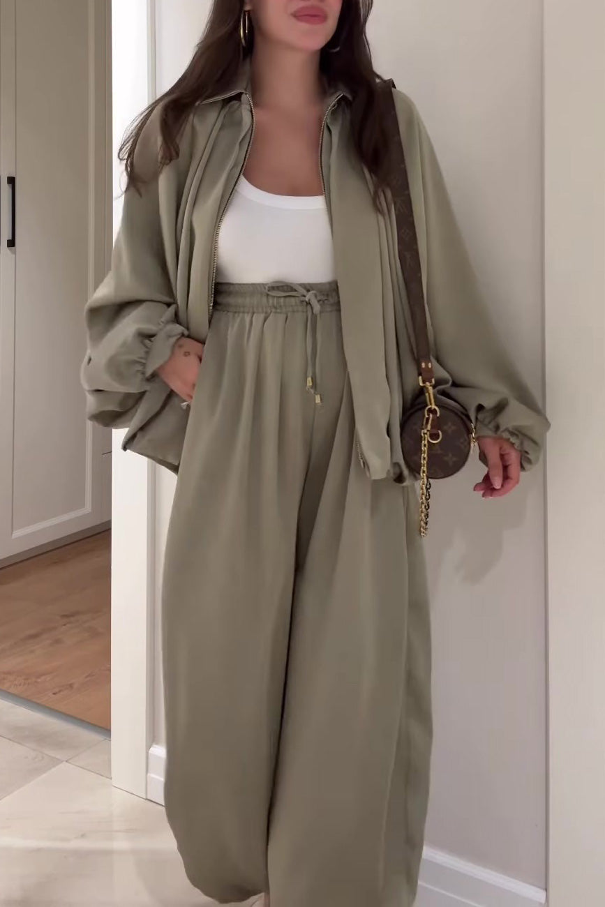 Lantern-sleeve zipper jacket and elastic waistband wide-leg pants two-piece set