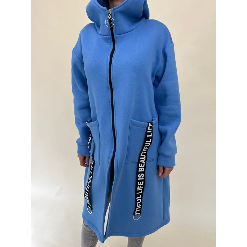 Chic pockets design High collar Long hooded sweatshirt jacket