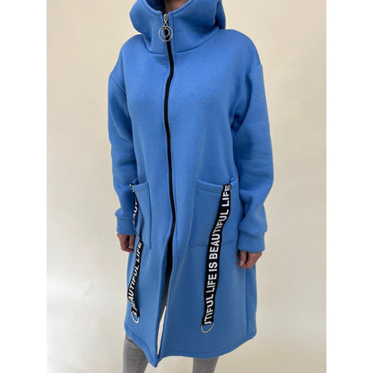 Chic pockets design High collar Long hooded sweatshirt jacket