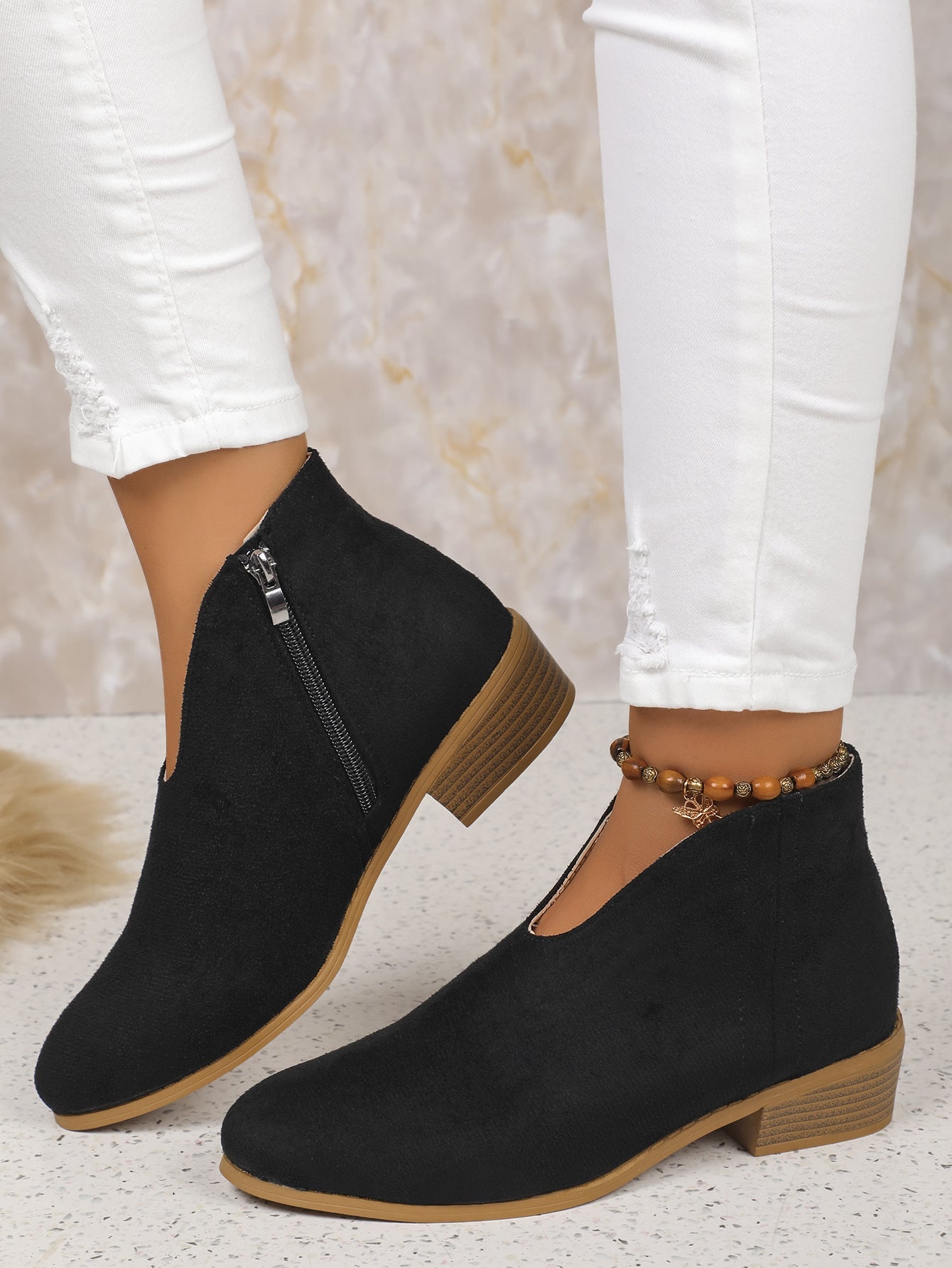 Side zipper round toe suede square heel ankle boots