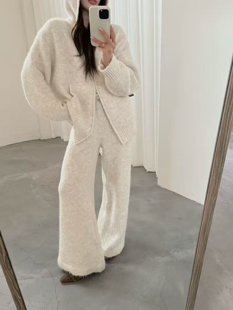 Loose Thickened Knit Hooded Zipper Cardigan Wide-Leg Pants Two-Piece Set