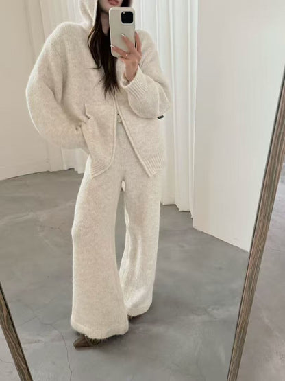Loose Thickened Knit Hooded Zipper Cardigan Wide-Leg Pants Two-Piece Set