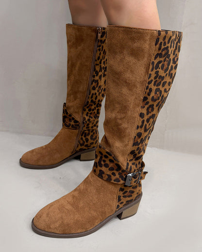 Suede upper with leopard back round toe thick heel boots