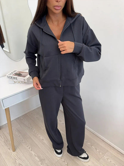 Zippered hooded sweatshirt and lace-up trousers two-piece set
