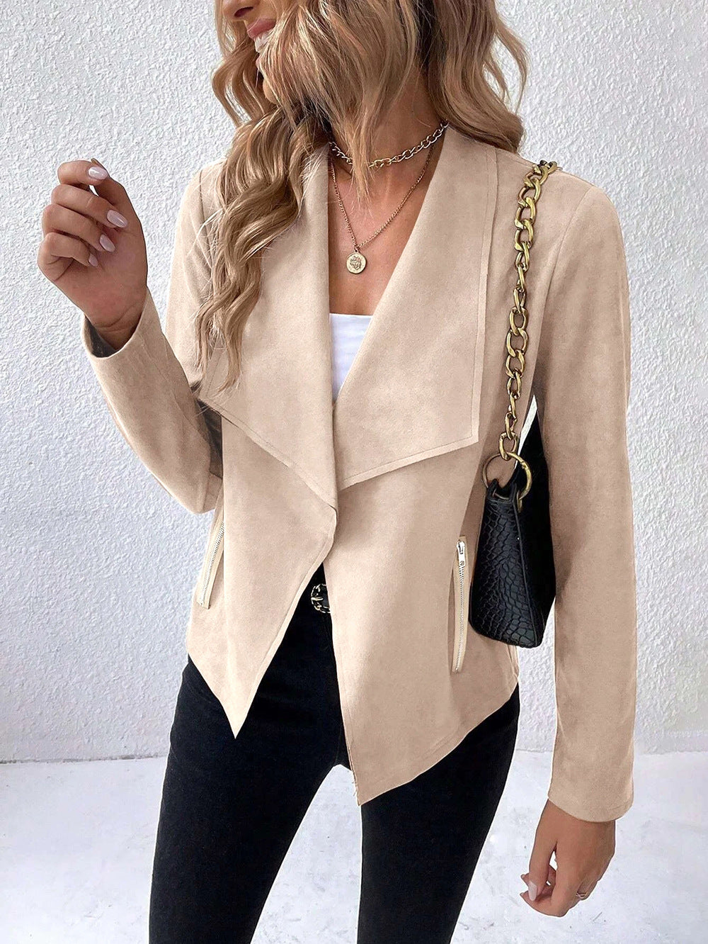 Suede Collar Solid Long Sleeve Cropped Jacket