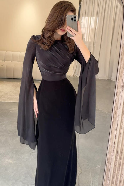 Mesh flared sleeves satin long slim dress