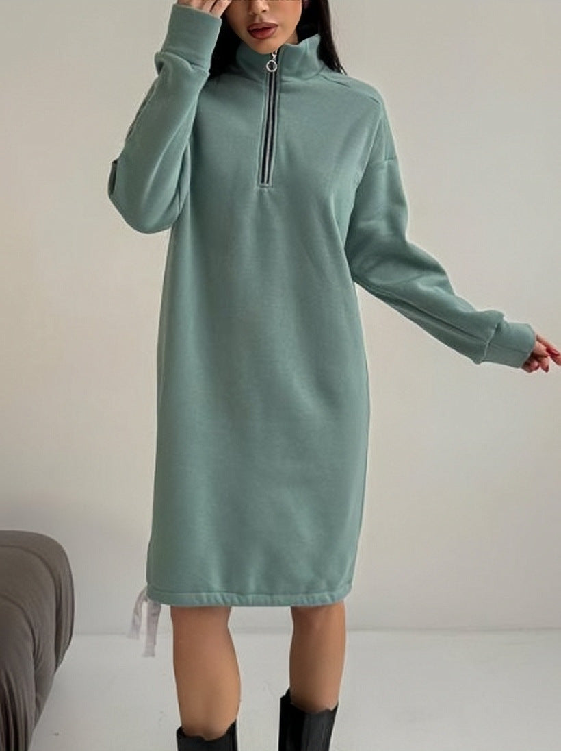 Turtleneck Half-Zip Fleece Sweatshirt Dress