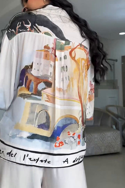 Printed Loose Lantern Sleeve Shirt and Wide-Leg Pants Two-Piece Set