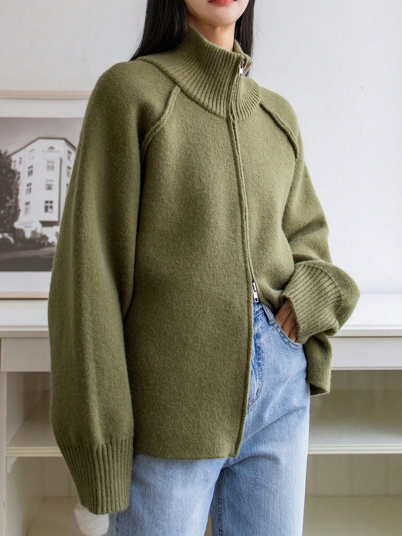 Cozy solid color stand collar zipper knitted cardigan top