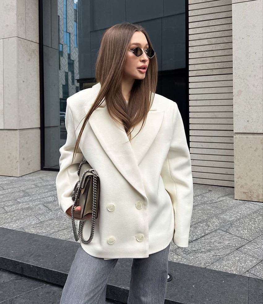 Vermont Village Double-breasted beige woolen suit jacket