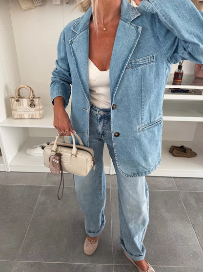 Casual Loose Washed Blue Denim Suit Jacket