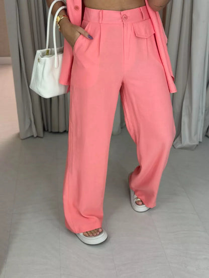 Tie-waist short-sleeved shirt and high-waisted pants two-piece set