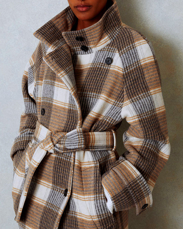 The Architect Contrast color waist plaid woolen long coat