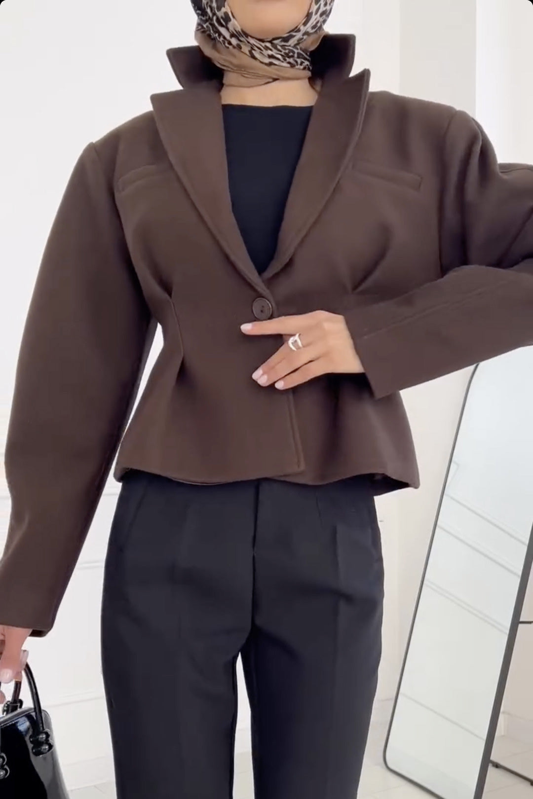 Sweet short single-breasted one-button long-sleeved suit collar woolen coat