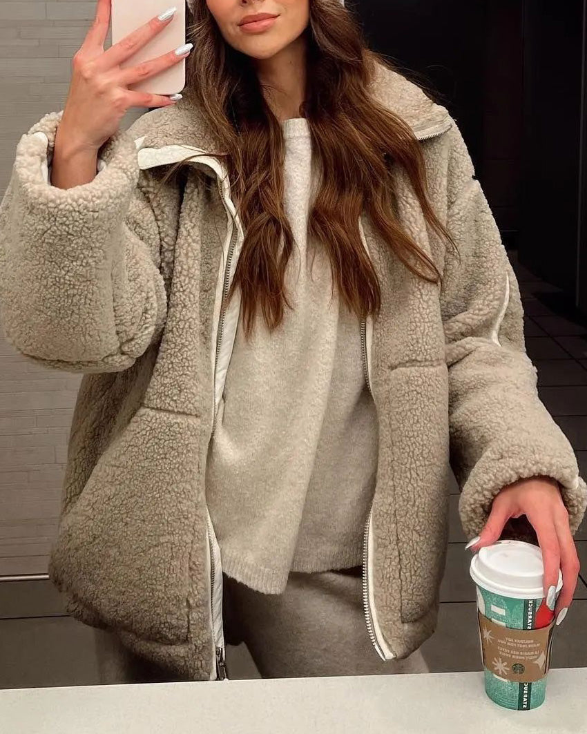 Loose stand-up collar double-ended zipper fleece cardigan jacket