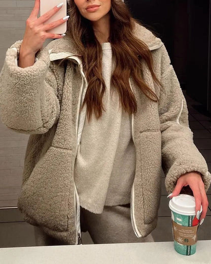 Loose stand-up collar double-ended zipper fleece cardigan jacket