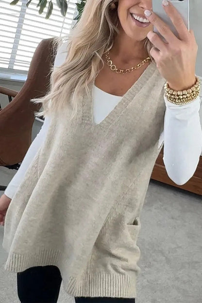 V-neck pocket knitted vest sleeveless sweater