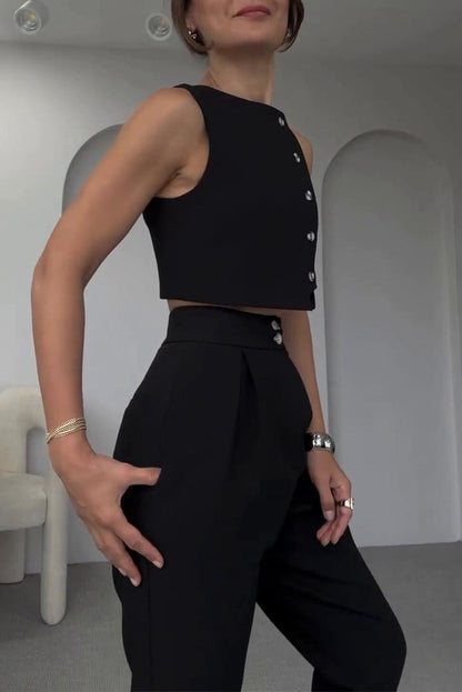 Sleeveless Button-Down Vest Top High-Waisted Cropped Pants Two-Piece Set