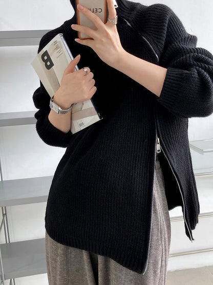 Turtleneck side zip solid color knit sweater