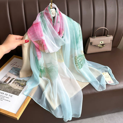 Silk Floral Print Chiffon Scarf for Women - Rosaria