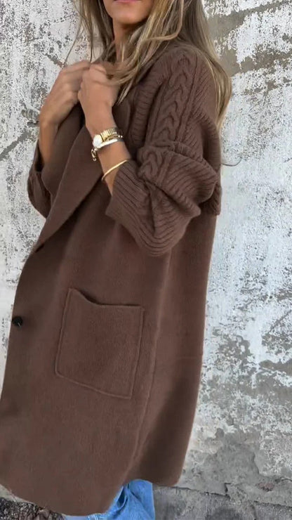 Cable-knit sleeves lapel long knitted coat