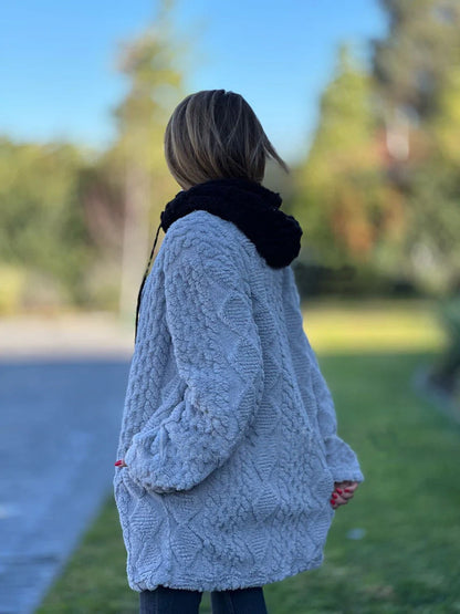 Mid-length vintage hooded fur zip-up knitted jacket