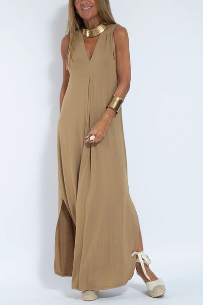 Elegant V-neck Sleeveless Long Dress Matching Vest Cardigan