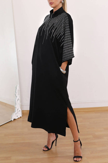 Rhinestone three-quarter sleeves loose-fitting stand-up collar slit dress